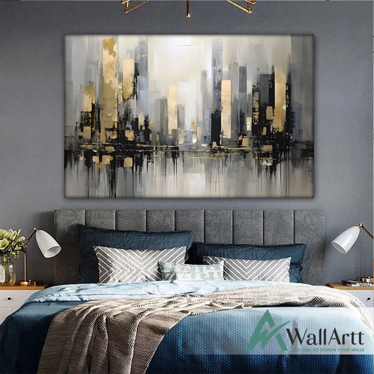 Abstract Gold City Textured Partial Oil Painting - Wall Art